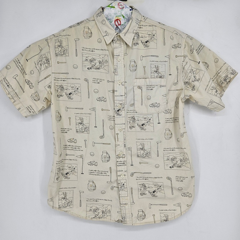 Vintage Warner Bros Shirt Mens Large Button Up Bugs Bunny Taz Golf Short Sleeve